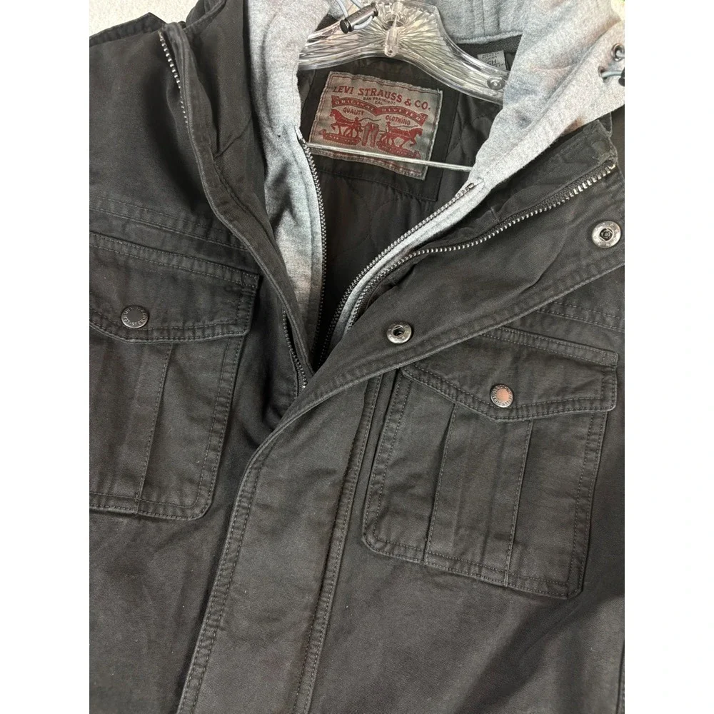 Levi's Co Mens Hooded Canvas Jacket Black Full Zip Snap Button‎ Small S NEW